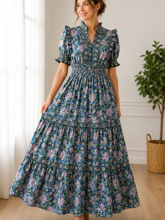 Max Studio Dresses & Skirts - Max Studio London Floral Maxi Dress Blue Green Boho Tiered Ruffle Smocked Waist